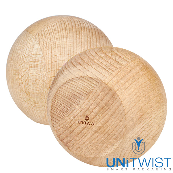 1000ml bocal conique WECK RR100 avec boule en bois en hêtre Sphère en bois de hêtre Couvercle pour bocal WECK RR100 1062ml - Détail du grain de bois naturel et logo UNITWIST