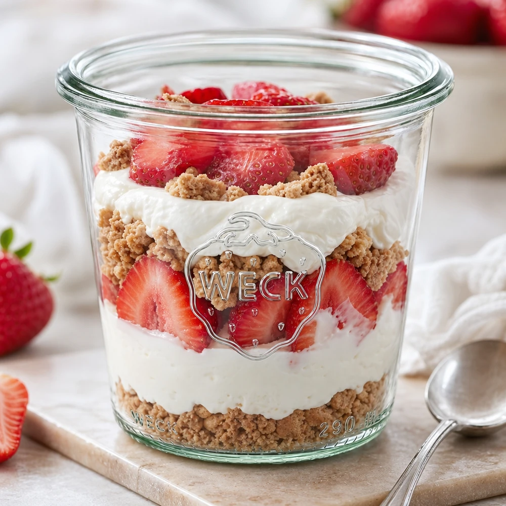 WECK 290ml pot renversé RR80 avec fraises dessert couche yaourt biscuits rempli pot haut