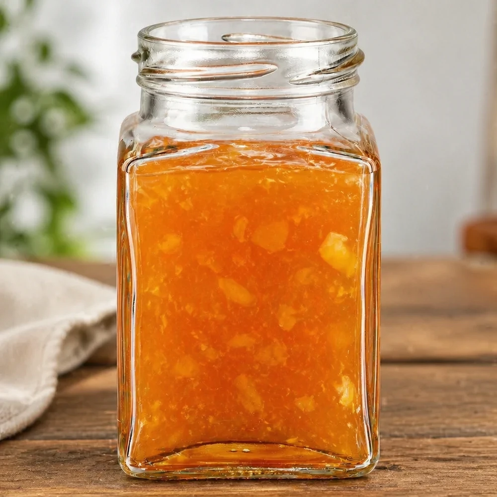 260ml Tetraglas sans couvercle (TO58) UNiTWIST UNiTWIST Tetra260 pot 4 coins 260ml TO58 avec contenu orange sur table en bois pot à confiture carré