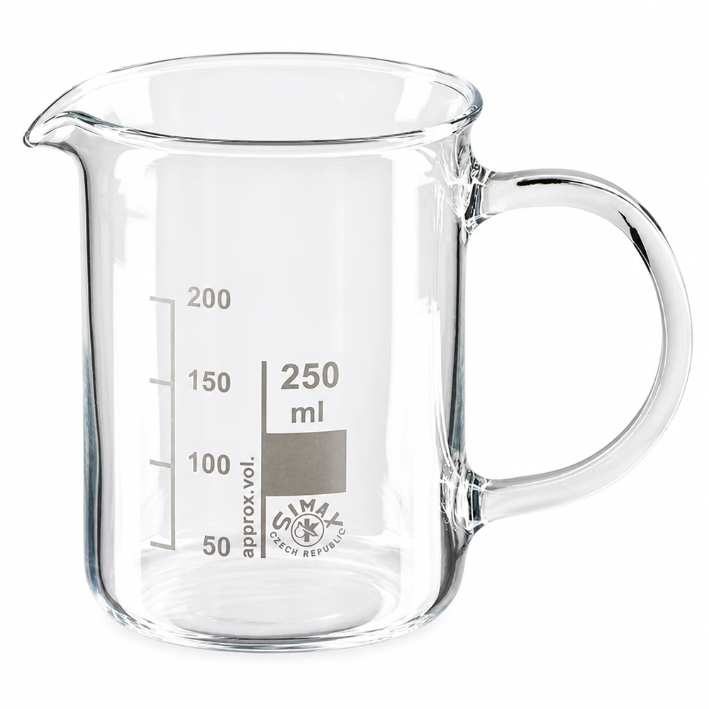 Bécher avec poignée 250ml en verre borosilicate résistant à la chaleur (forme normale) Verre à mesurer en verre borosilicaté transparent de 250 ml, avec anse, graduation jusqu'à 200 ml et bec verseur