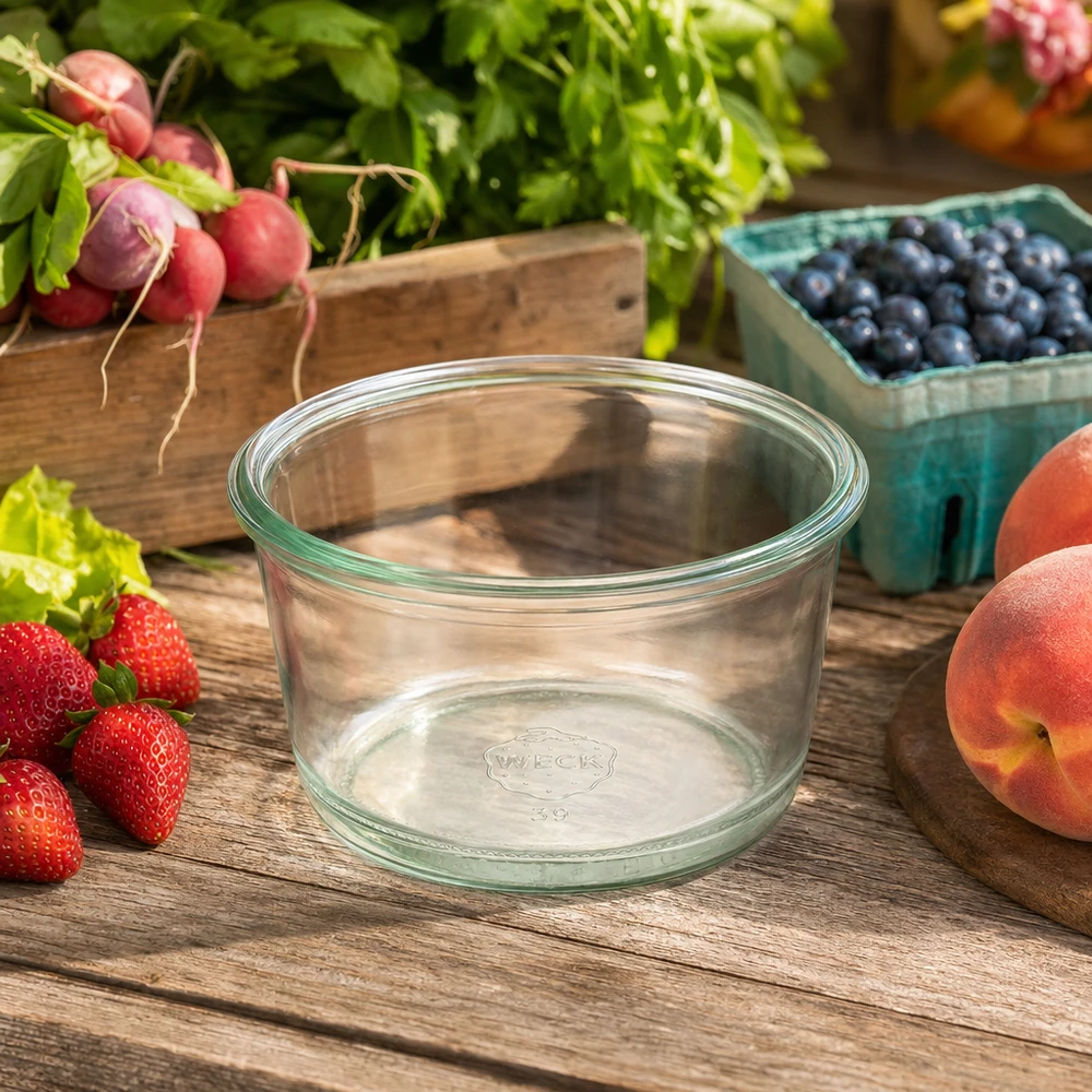 Verre WECK Gourmet vide RR80 165ml sur une table en bois entouré de fruits frais comme des fraises, des myrtilles et des pêches.