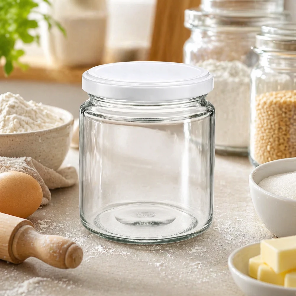 Pot de miel de 250 ml vide avec couvercle blanc UNiTWIST dans la cuisine entre la farine, les œufs et les ustensiles de cuisson.