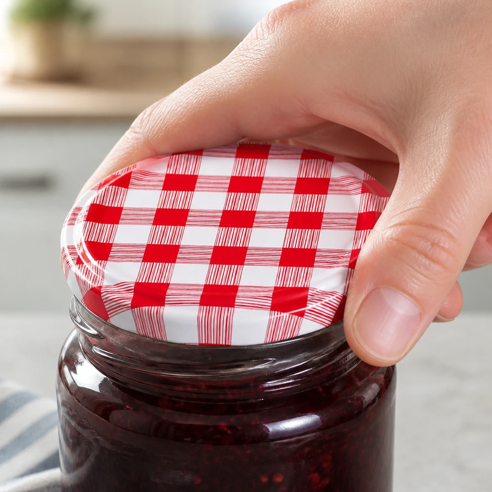 Couvercle à visser de 82 mm, à carreaux rouges et blancs, sur un pot de confiture rempli, vu d'en haut