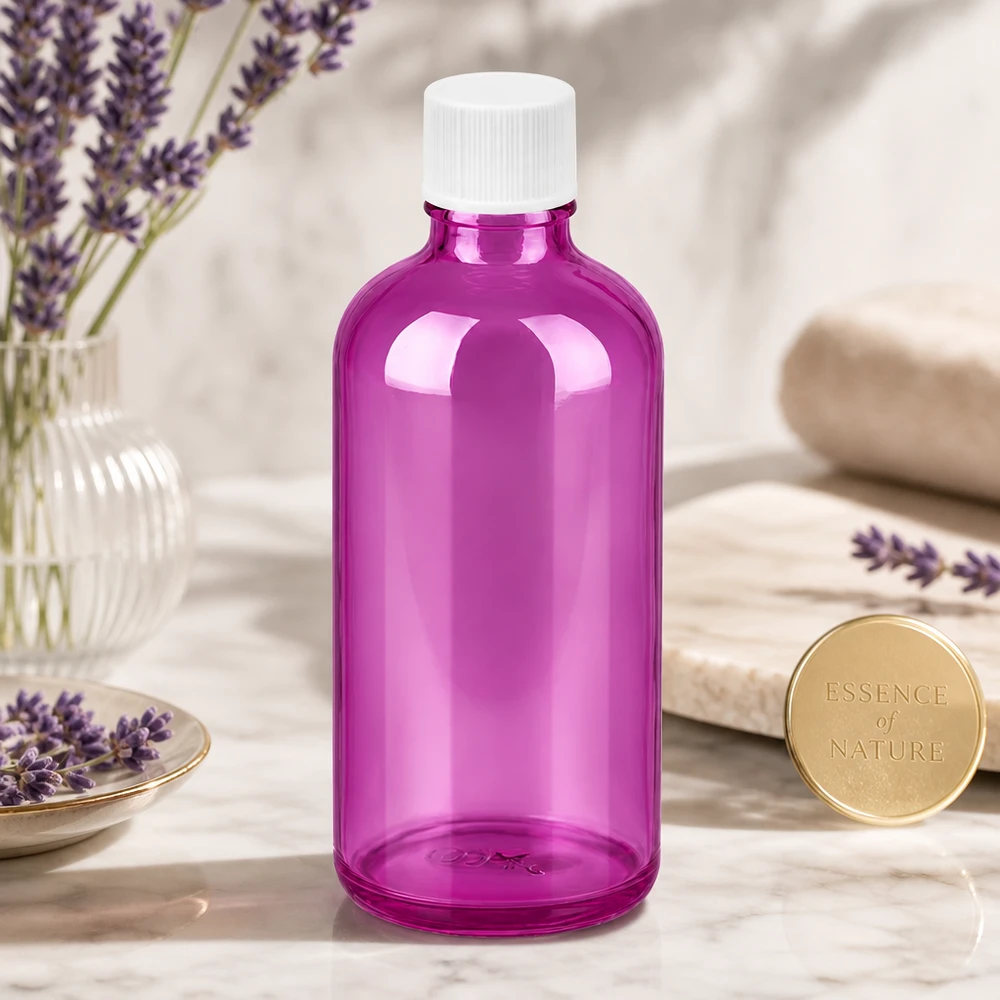 Flacon 100ml 11mm bouchon vissant blanc standard PurpleLine UT18/100 Elégant flacon violet de 100ml avec bouchon blanc parfait pour l'aromathérapie et le bien-être