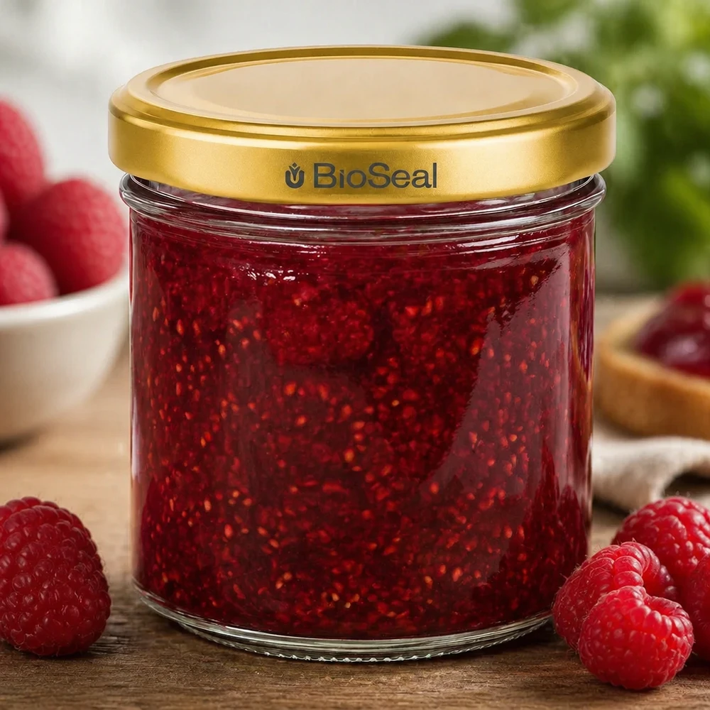 BioSeal pot de confiture 200g rempli de confiture de framboises entouré de framboises fraîches sur un fond en bois