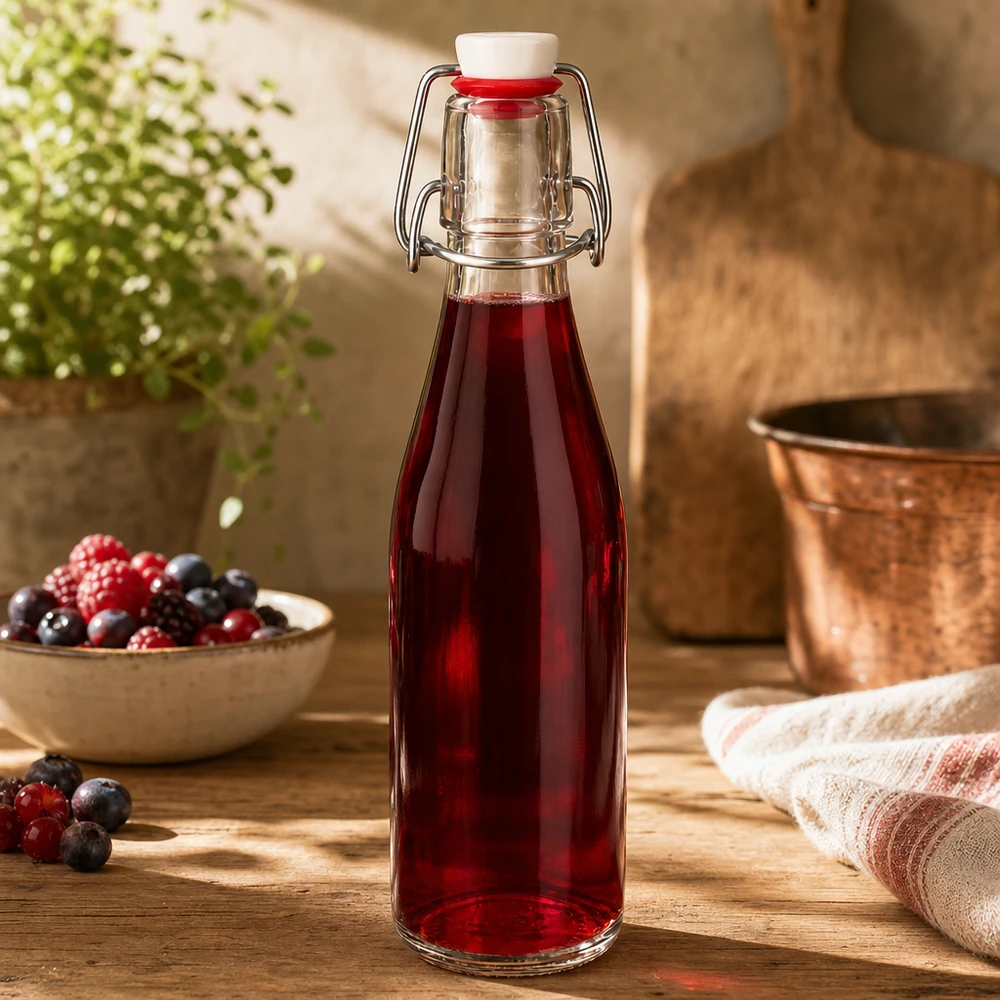 Bouteille en verre de 250 ml + bouchon mécanique en porcelaine UN.. 250ml Glasflasche mit Bügelverschluss gefüllt mit rotem Beerensaft, dekoriert mit frischen Beeren in rustikaler Küche