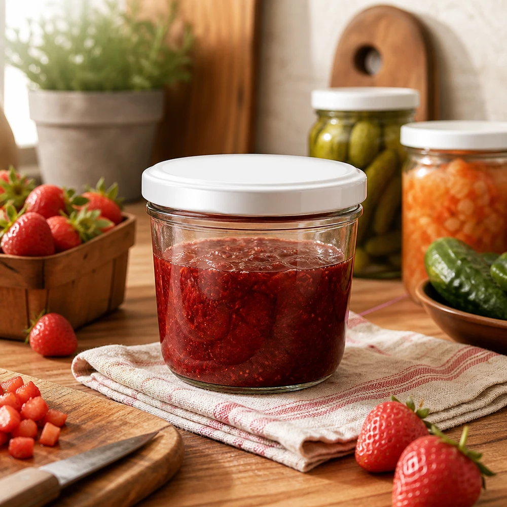 230ml Verre conique avec couvercle BasicSeal blanc UNiTWIST Pot renversé de 230 ml avec confiture de fraises dans une cuisine confortable - pot idéal pour les confitures maison