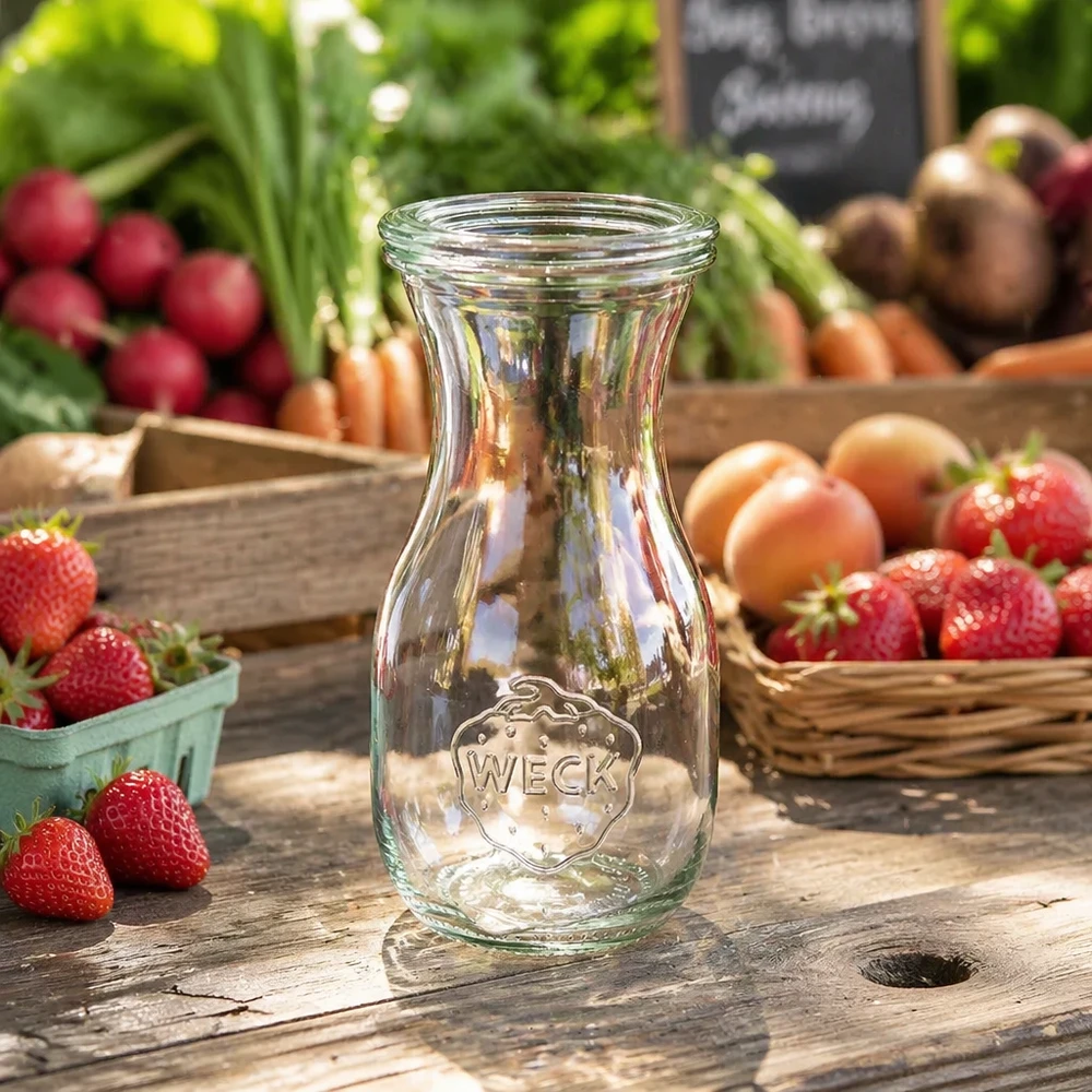 Bouteille à jus de 290 ml avec couvercle en verre WECK RR60 WECK Bouteille de jus 290ml RR60 transparente sur une table rustique en bois entre des fraises fraîches, des radis et des légumes