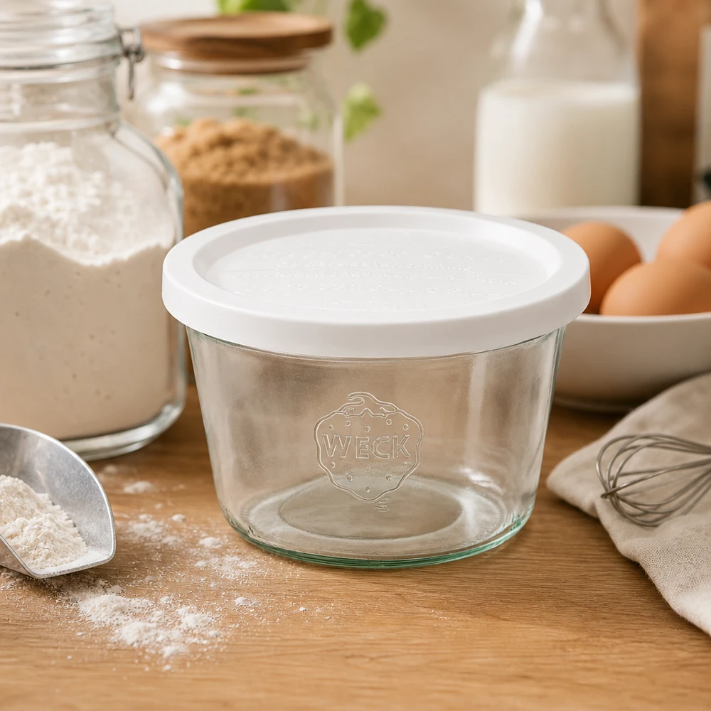 WECK Bocal 370ml RR100 avec couvercle fraîcheur dans la cuisine entre la farine, les œufs, le lait et les ustensiles de cuisine.