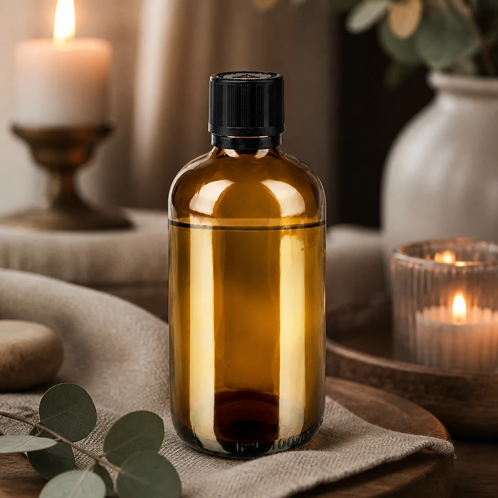 Flacon brun 100 ml avec bouchon compte-gouttes noir 1 mm, sécurité enfant Flacon en verre de 100 ml de couleur ambre, muni d'un embout compte-gouttes de 1 mm et d'une sécurité enfant, dans une ambiance de bien-être apaisante