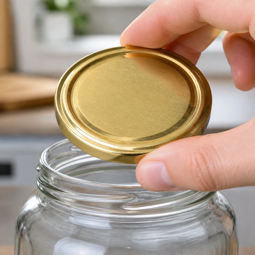 UNiTWIST TO70 : couvercle à vis doré posé sur le bord du verre, matériau sans BPA ni NI, adapté au contact alimentaire