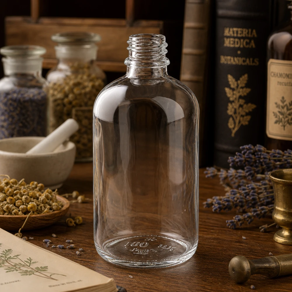 Flacon compte-gouttes 100 ml DIN18 - verre clair Bouteille de pharmacie ApoGlas de 100 ml au design classique pour la médecine traditionnelle et les remèdes naturels
