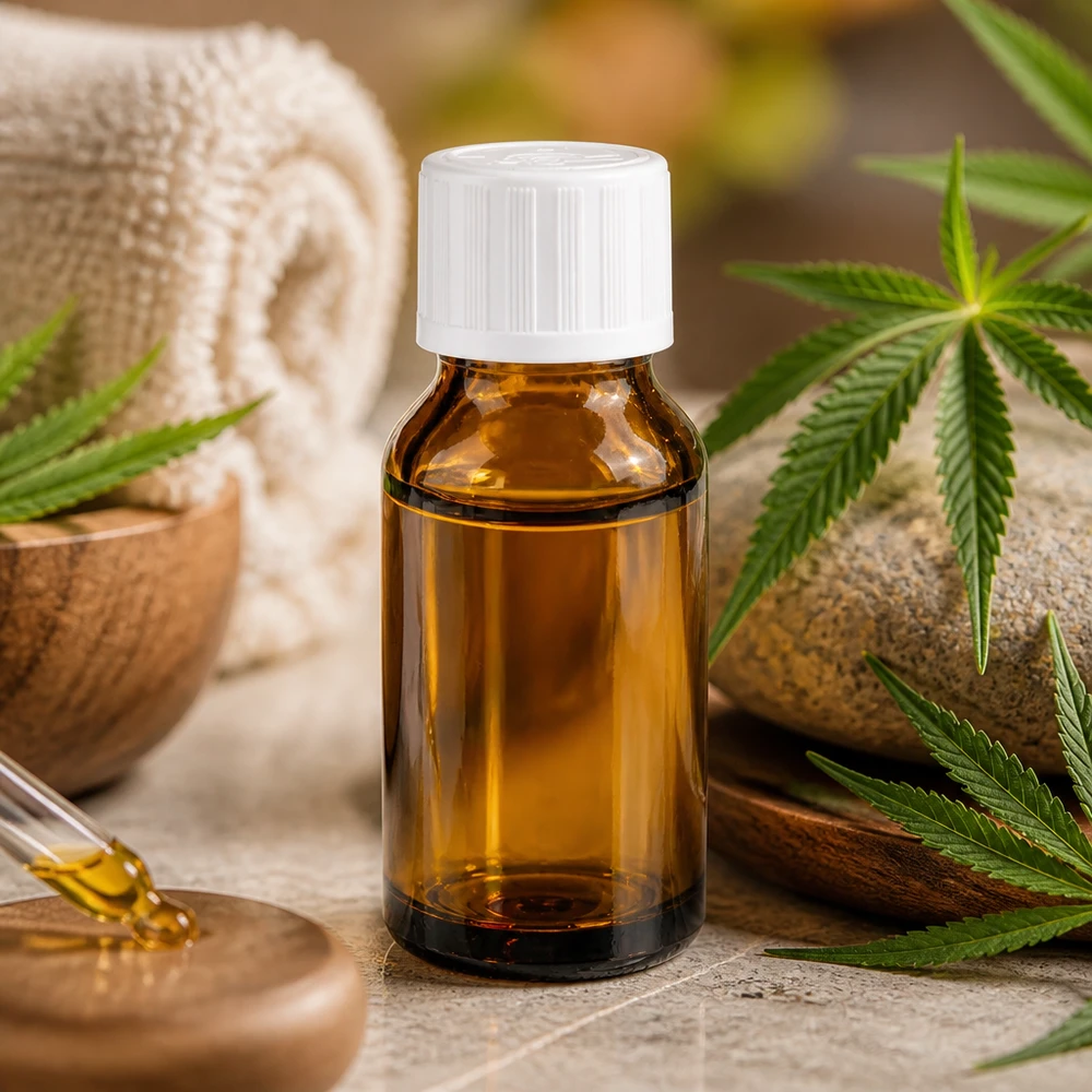 Flacon en verre de pharmacie de 30 ml avec compte-gouttes de 1,2 mm et bouchon KiSi blanc, à côté de pierres naturelles et d'une plante de chanvre
