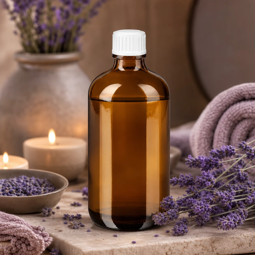 Flacon en verre ambré opacifiante de 100 ml avec SV STD blanc, dans une ambiance spa