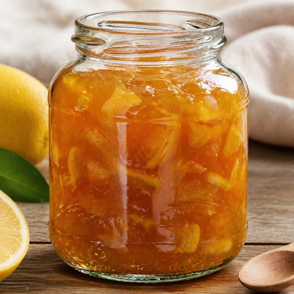 370ml Verre ovale sans couvercle (TO66) UNiTWIST UNiTWIST Oval370 Pot de confiture 370ml rempli de confiture d'orange à côté de citron sur fond en bois