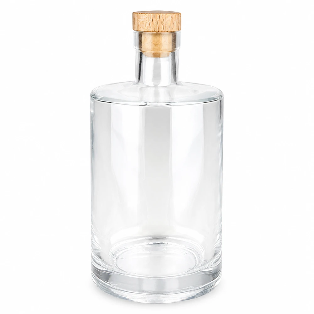 Bouteille en verre 700 ml « Marie » avec bouchon en bois UNiTWIST® Bouteille en verre Marie 700ml avec bouchon à poignée en bois UNiTWIST vide transparent sur fond blanc