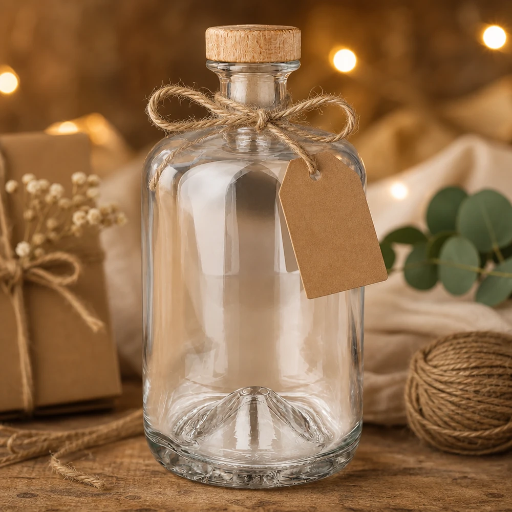 Flacon à pharmacie 700 ml « Sofia » avec bouchon en bois UNiTWIST® Bouteille en verre Sofia de 700 ml avec bouchon en liège et étiquette cadeau dans une décoration rustique avec jute et guirlande lumineuse