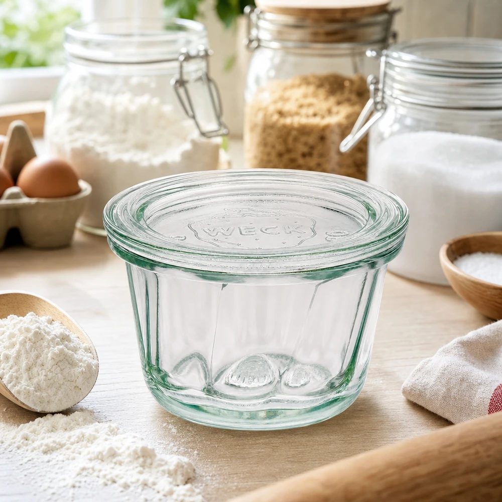 WECK Pot à kouglof RR80 165ml vide dans une cuisine rustique avec de la farine et des bocaux de conserve en arrière-plan