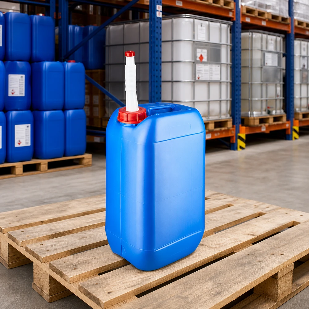 Bidon 15 litres bleu avec tube de vidange Flex Bidon en plastique empilable de 15 litres, bleu, avec bec verseur flexible, dans un entrepôt de produits chimiques