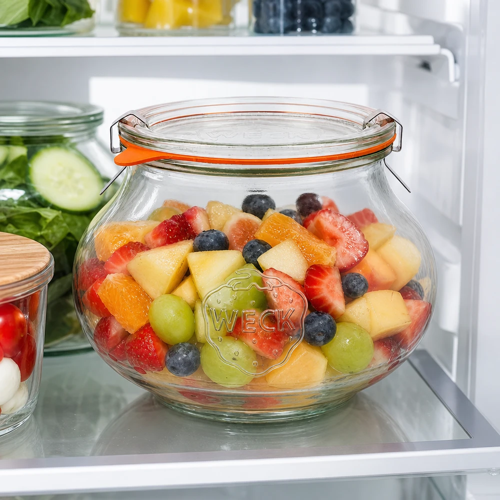 WECK Pot à bijoux 1062ml RR100 avec salade de fruits frais dans le réfrigérateur Salade de fruits dans un pot à conserves ventru