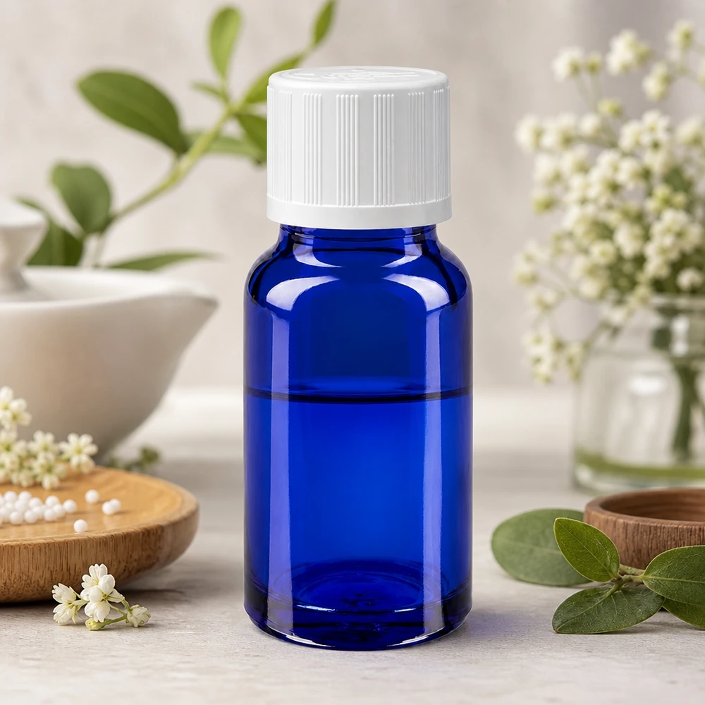 Flacon en verre d'apothicaire bleu cobalt de 10 ml muni d'un compte-gouttes de 1,2 mm, à côté d'un mortier et de fleurs blanches