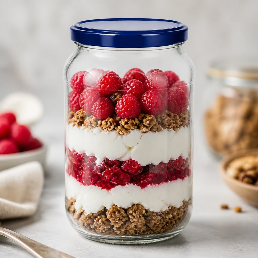 1062ml Verre rond BasicSeal Couvercle bleu UNiTWIST Dessert Parfait Dessert stratifié Yaourt Baies Granola Dessert