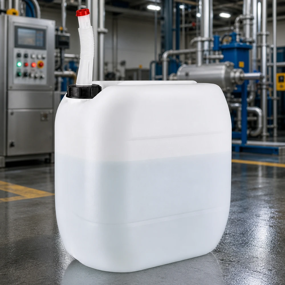 Bidon rectangulaire en PEHD de 30 litres avec goulotte de remplissage flexible, destiné à un usage professionnel