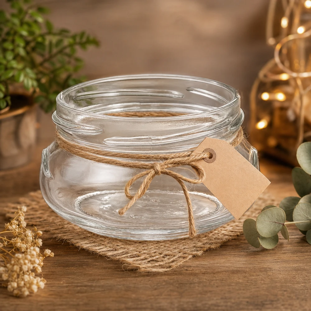 120ml Verre terrine sans couvercle (TO70) UNiTWIST UNiTWIST Terrina120 Pot de conservation 120ml TO70 avec ficelle de jute et étiquette sur table en bois décorée de manière rustique