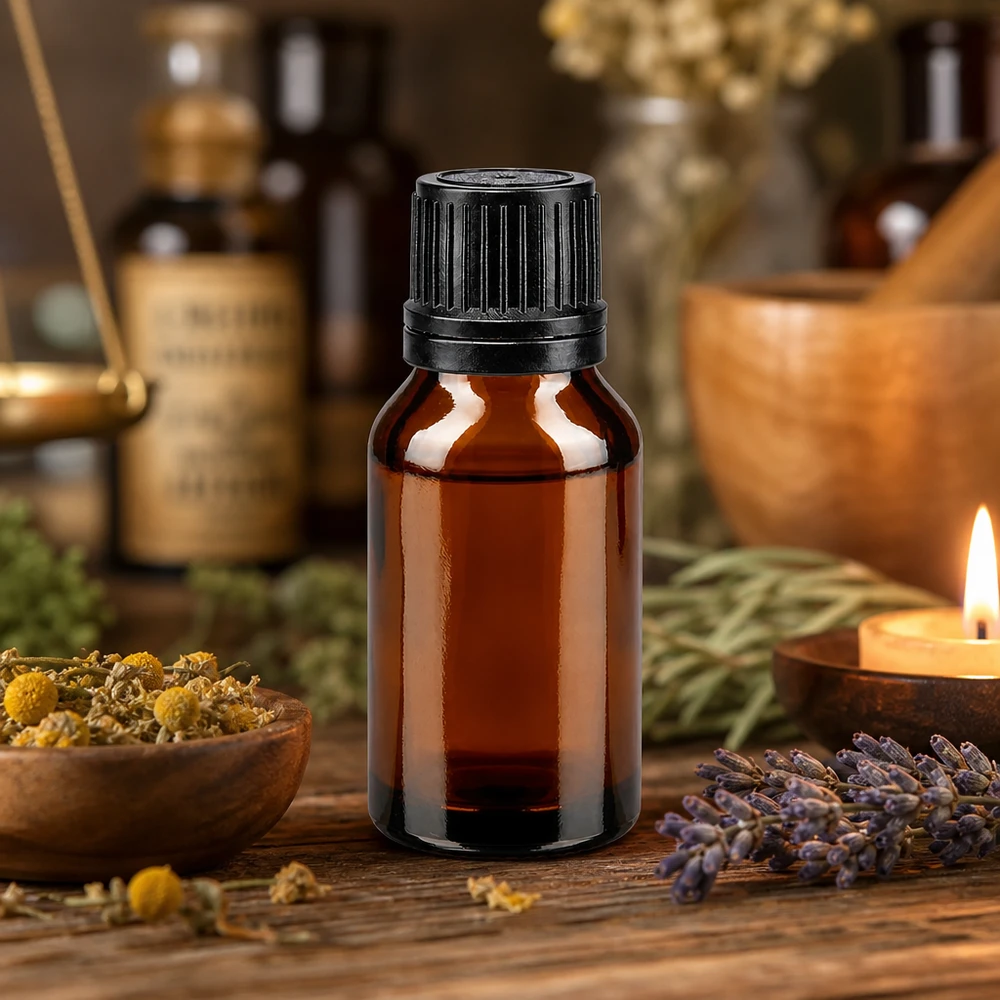 Flacon de pharmacie brun de 15 ml avec bouchon à vis noir et compte-gouttes, à côté d'herbes et d'une bougie