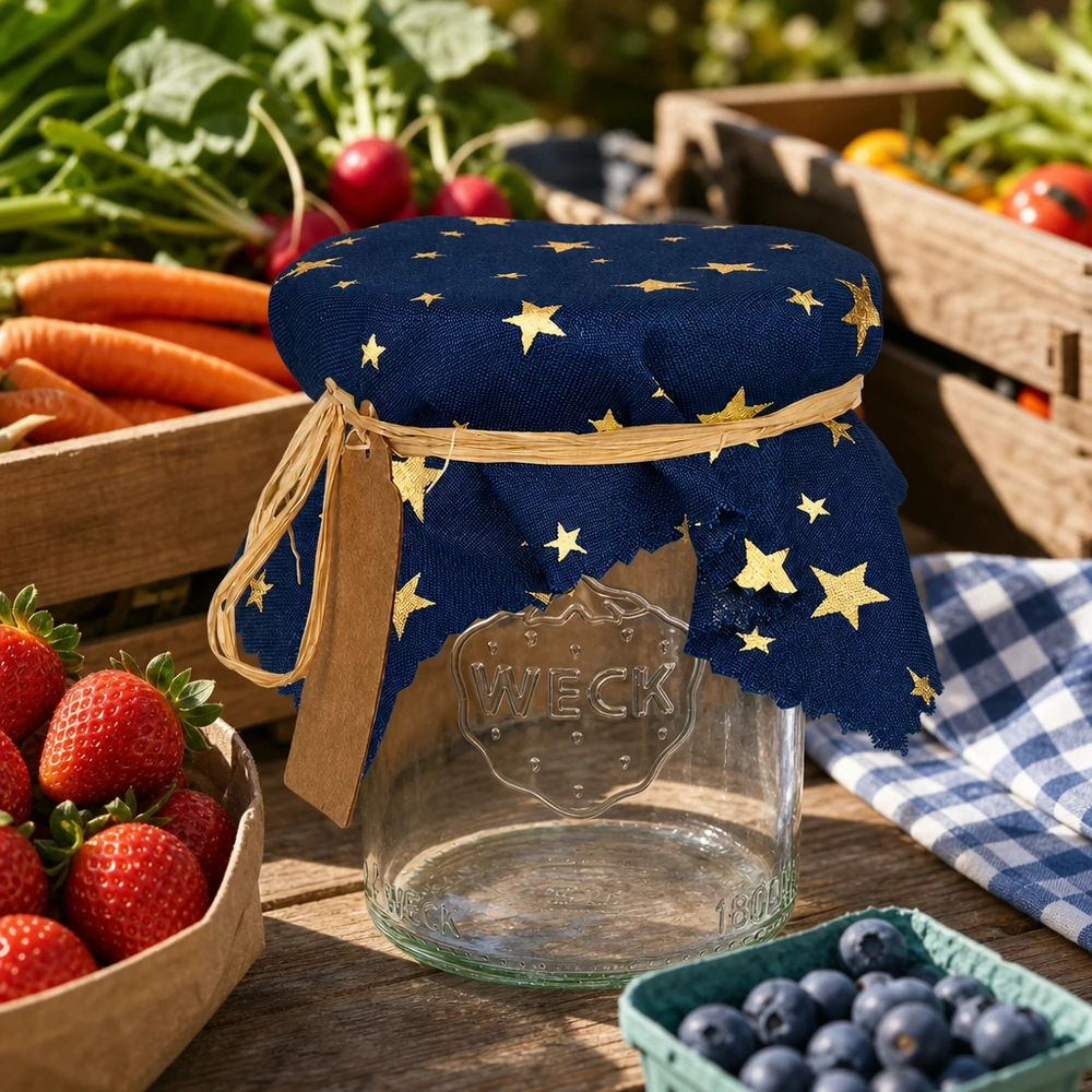 Couvercle en tissu bleu étoiles 150x150mm carré Couvercle bleu avec étoiles dorées sur bocal entouré de fruits et légumes frais 15cm carré