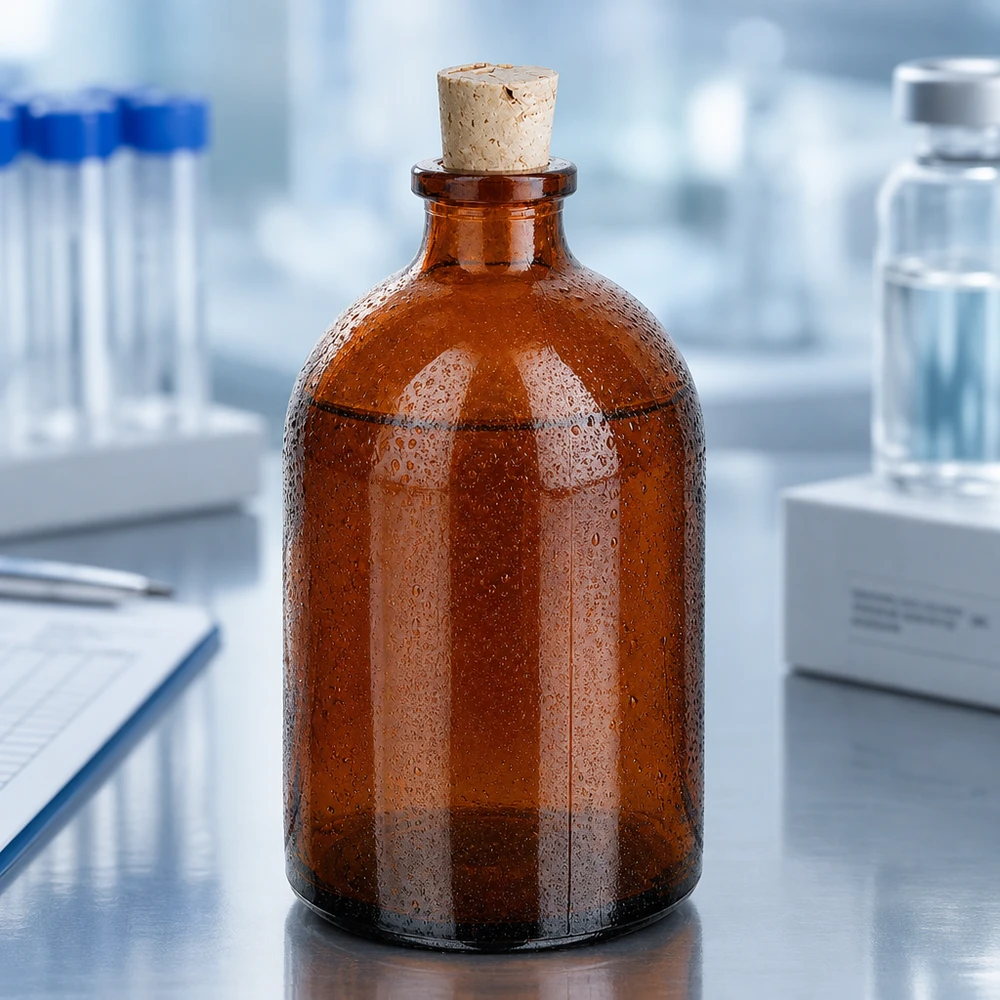 Flacon en verre ambré 100 ml avec bouchon de liège 11/14 mm Robuste Reagenzflasche 100ml aus braunem Borosilikatglas mit traditionellem Korkstopfen