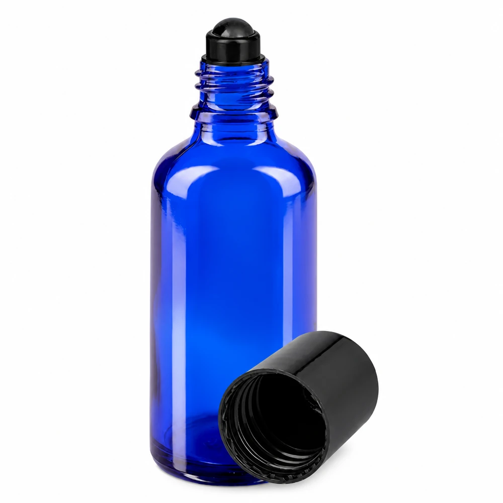 Flacon en verre bleu de 50 ml avec applicateur à bille et bouchon noir pour huiles essentielles