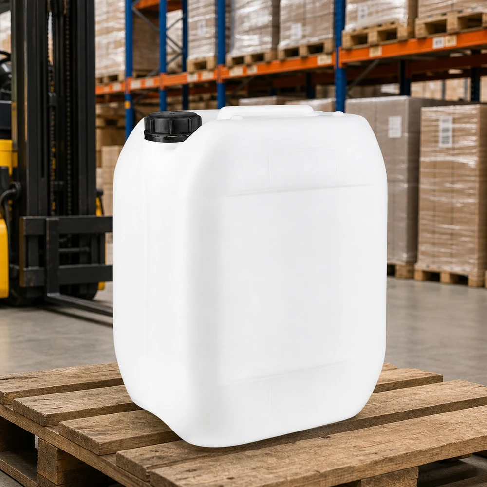 Jerrican de 10 litres avec bouchon à vis Bidon empilable de 10 litres, blanc, avec bouchon OV noir, destiné au stockage et à la logistique
