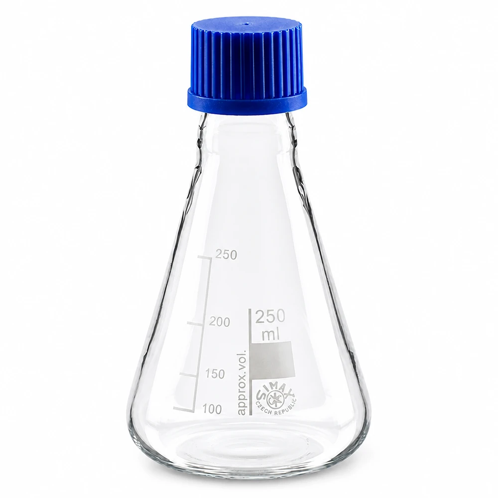 Erlenmeyer 250 ml col étroit, verre borosilicate avec filetage et bouchon Fiole jaugée de 250 ml avec forme Erlenmeyer et filetage pratique en verre robuste