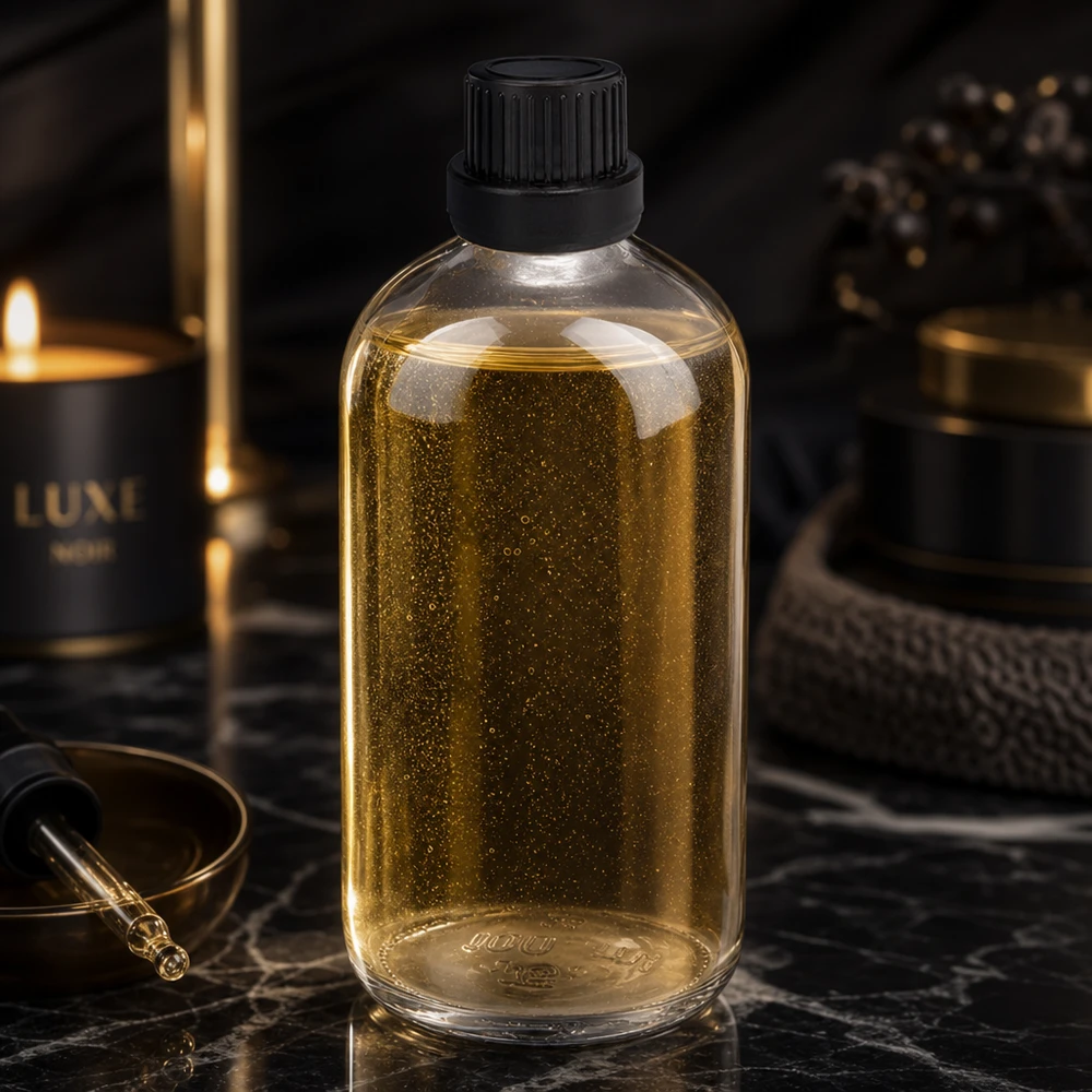 Huile dorée en flacon compte-gouttes en verre transparent de 100 ml avec bouchon OV noir ClearLine UT18