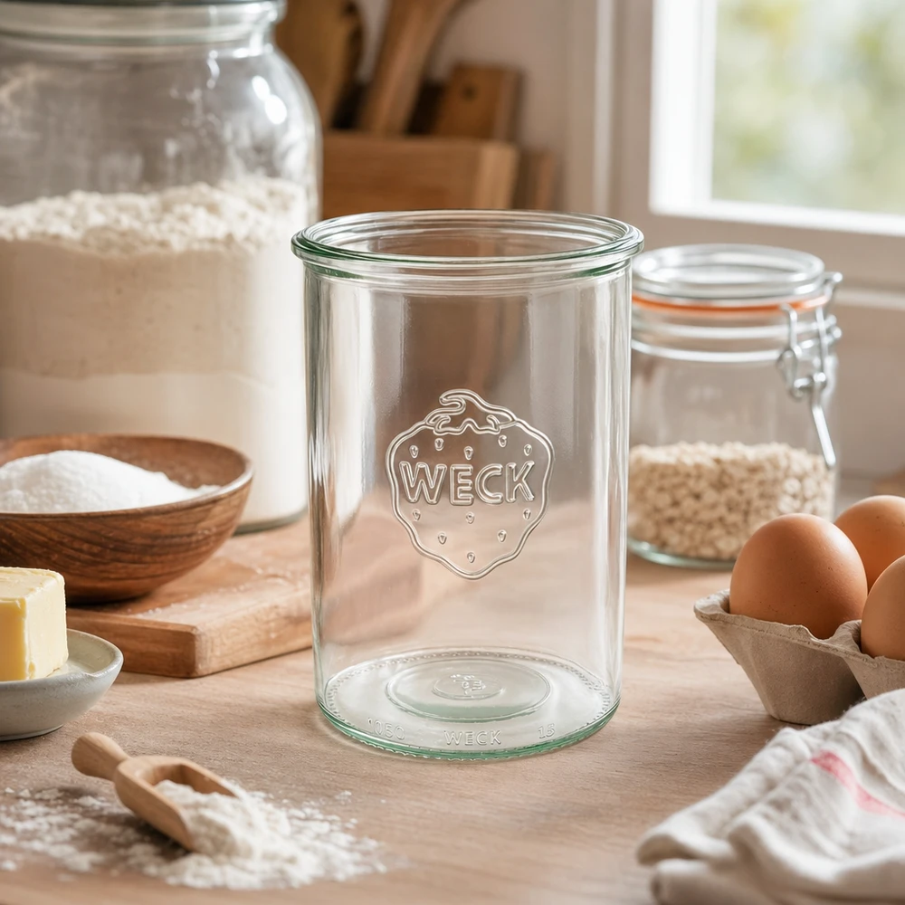1000ml WECK Pot renversé RR100 Pot de conservation en verre avec logo dans une cuisine rustique avec des ingrédients pour la pâtisserie et des œufs