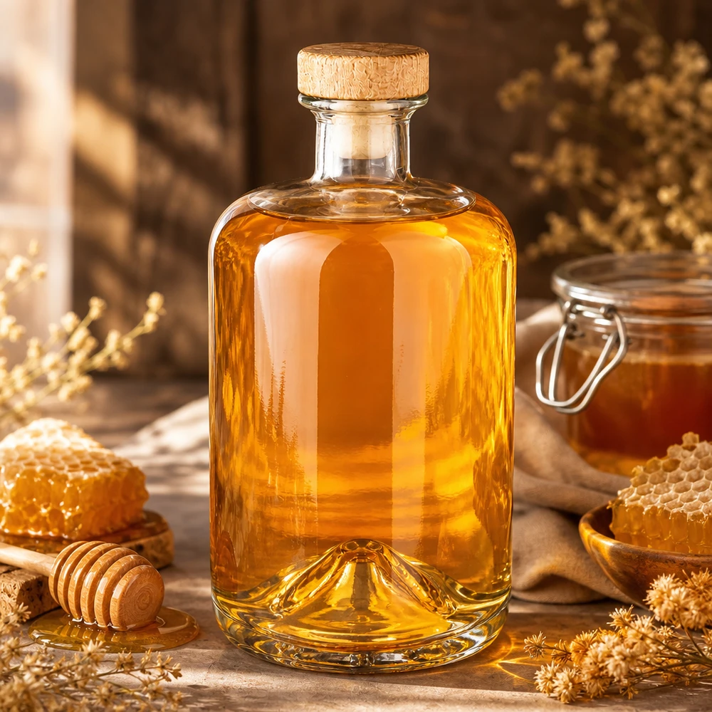 Flacon à pharmacie 700 ml « Sofia » avec bouchon en bois UNiTWIST® 700ml Glasflasche Sofia mit Naturkorken gefüllt mit goldgelber Flüssigkeit umgeben von Honigwaben und Trockenblumen