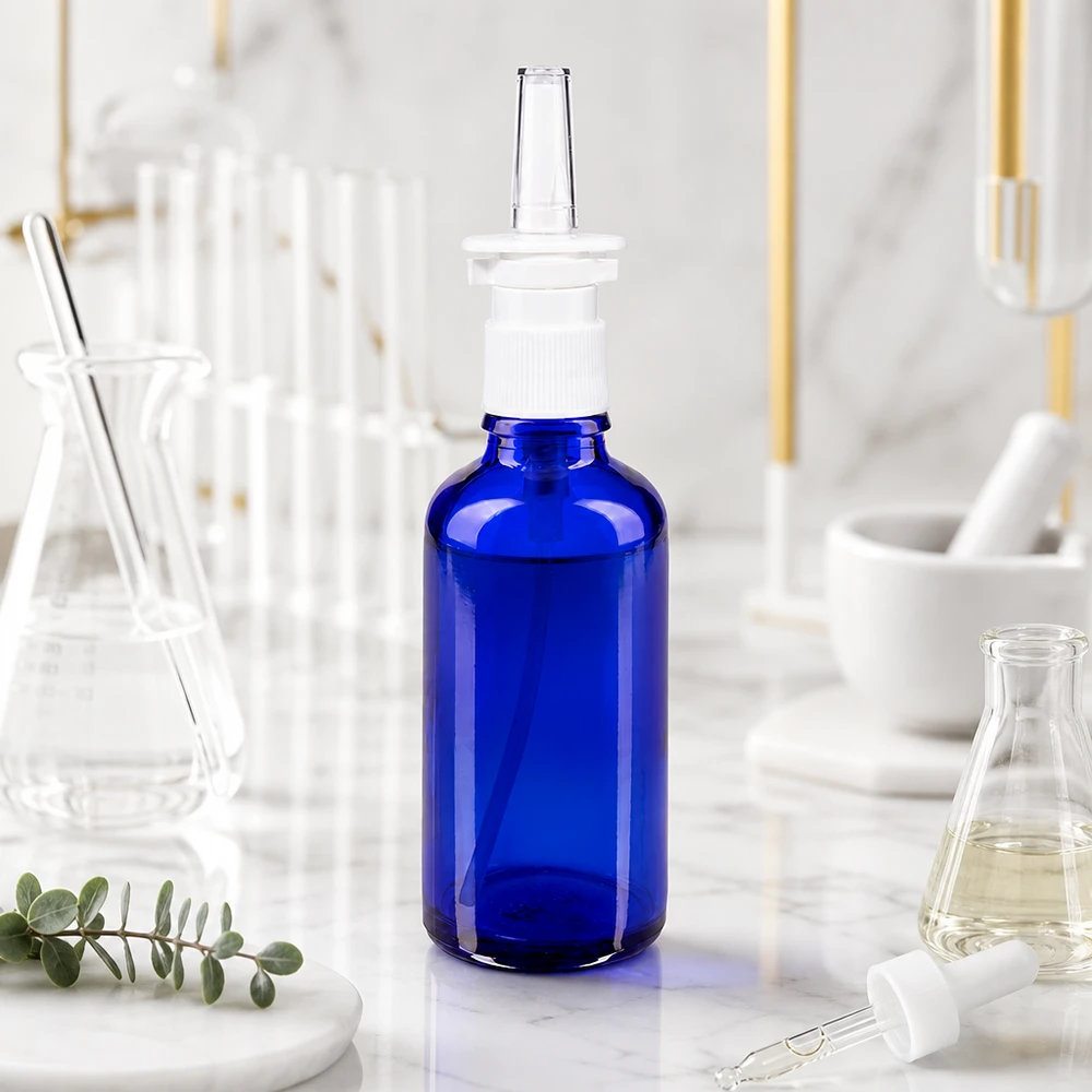 Flacon en verre bleu cobalt de 50 ml avec pompe blanche et embout transparent pour spray nasal