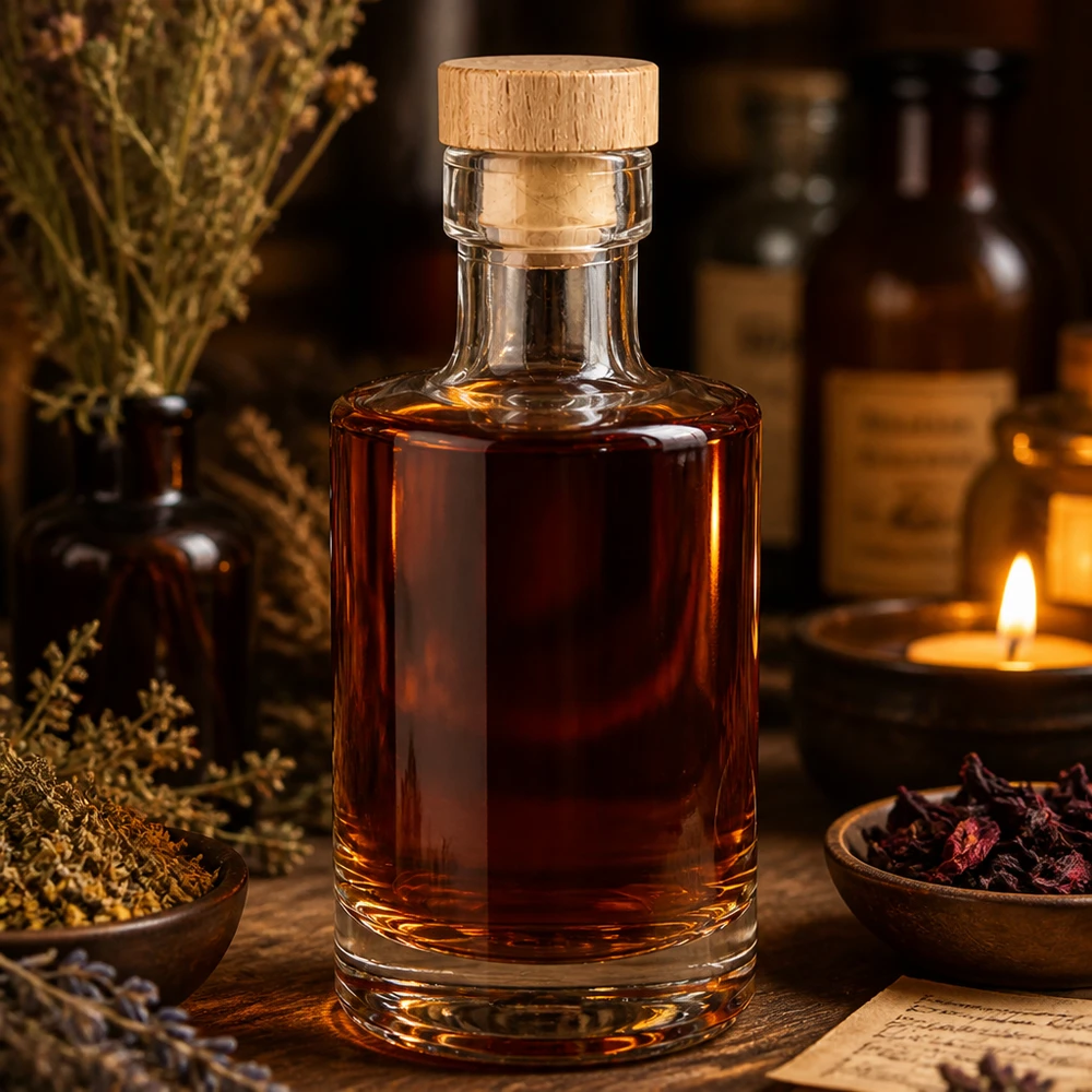 Bouteille en verre Marie de 200 ml avec liquide ambré, bouchon en bois et liège, décoration rustique avec bougie et herbes aromatiques