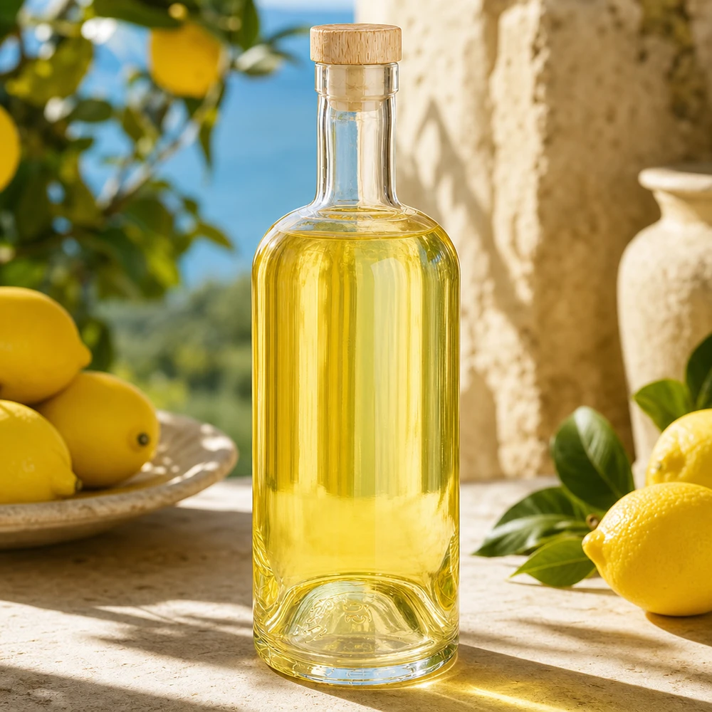 Bouteille en verre Emma de 750 ml avec bouchon en bois remplie d'un liquide jaunâtre dans un environnement méditerranéen citronné