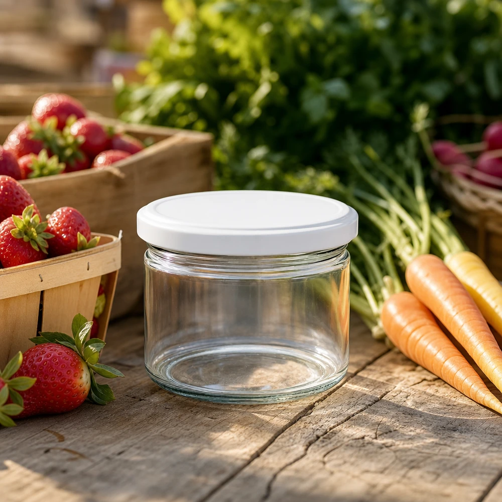 Bocal rond BasicSeal blanc de 540 ml sur table en bois avec des légumes frais - bocal de stockage idéal pour le marché et l'extérieur