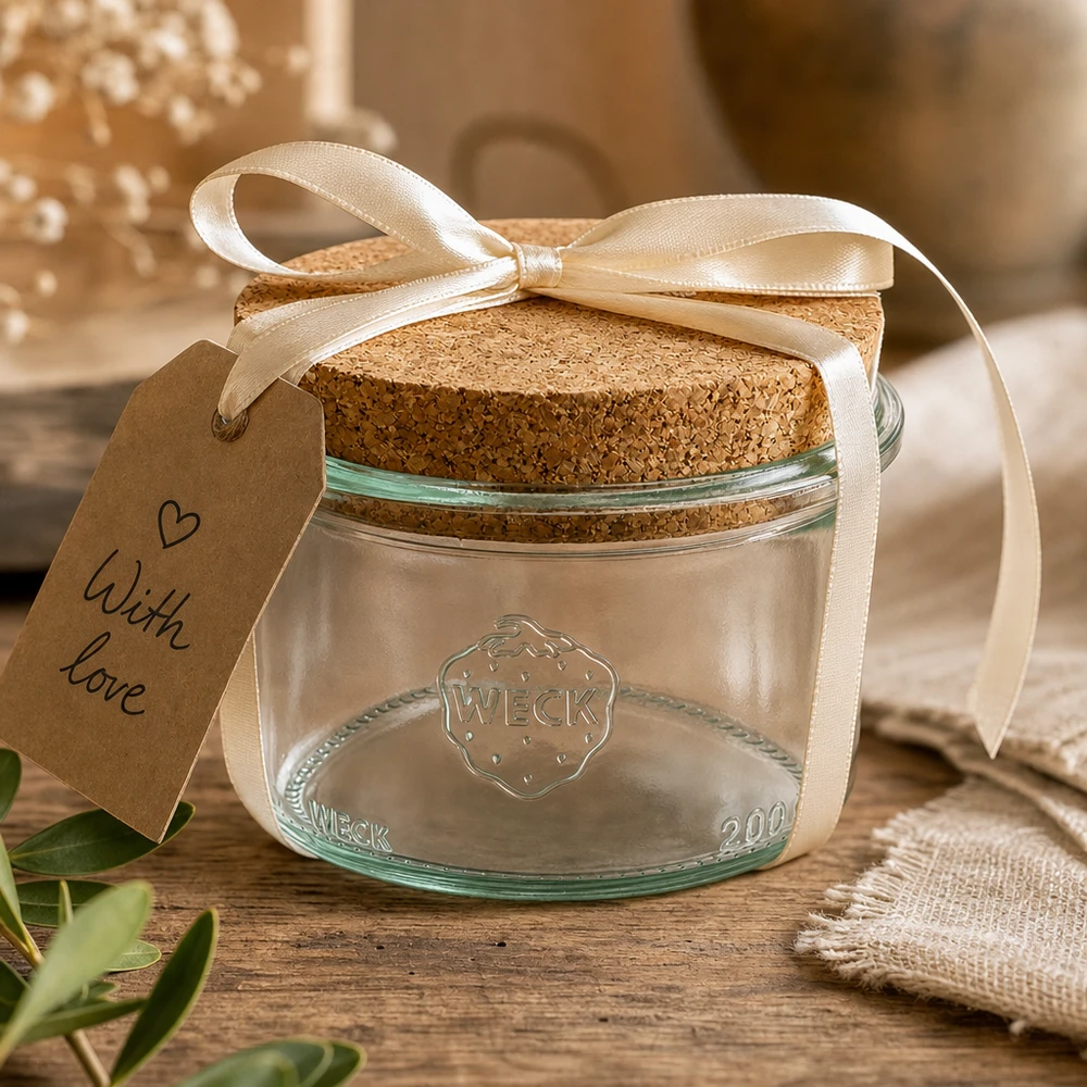 WECK Verre renversé 200ml RR80 emballé de manière décorative avec ruban et étiquette With Love comme idée de cadeau