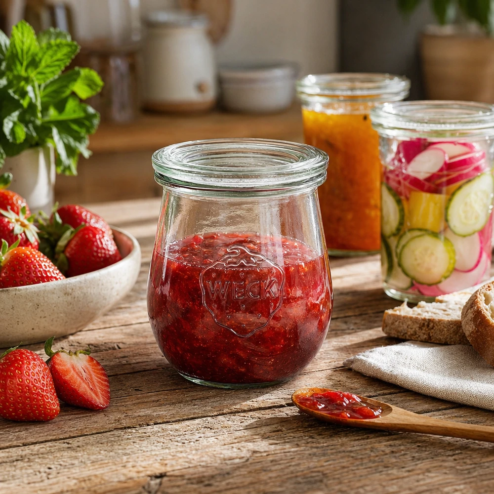 WECK Pot tulipe 220ml RR60 avec confiture de fraises dans une cuisine rustique avec d'autres bocaux et des ingrédients frais
