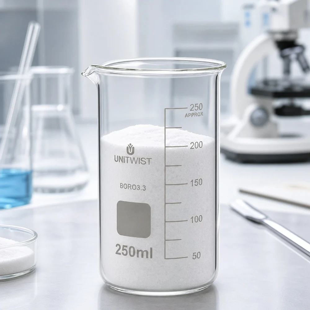 Bécher 250ml borosilicate, forme haute UNITWIST Verre doseur UNITWIST de 250 ml en verre borosilicaté résistant à la chaleur, avec poudre blanche de laboratoire
