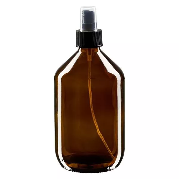 Flacon médical norme européenne de 500 ml avec spray noir GCMI 28/410 et couvercle transparent, standard Flacon médical norme européenne de 500 ml avec spray noir GCMI 28/410 et couvercle transparent, standard