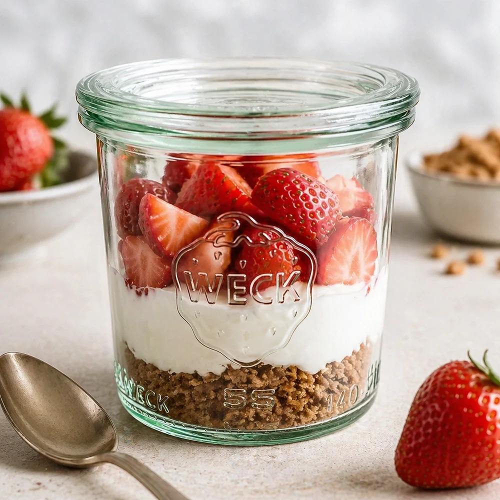 Bocal en verre de 140 ml avec couvercle en verre WECK RR60 WECK Sturzglas 140ml RR60 mit Joghurt Müsli Erdbeeren gefüllt als Dessertglas auf weißer Marmorplatte Frühstück