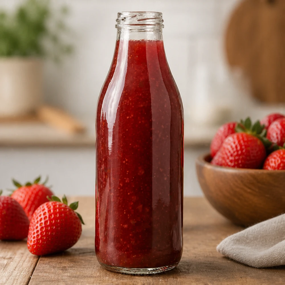 Bouteille en verre de 1000ml TO48 UNiTWIST remplie de jus de fraise dans la cuisine Exemple d'utilisation bouteille de smoothie rouge