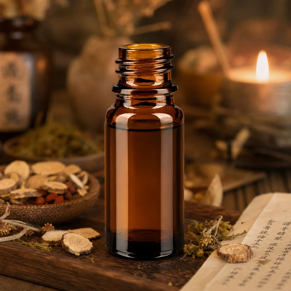 Bouteille de pharmacie brune de 10 ml ApoGlas avec des herbes médicinales asiatiques et une lumière de bougie dans une atmosphère traditionnelle de MTC