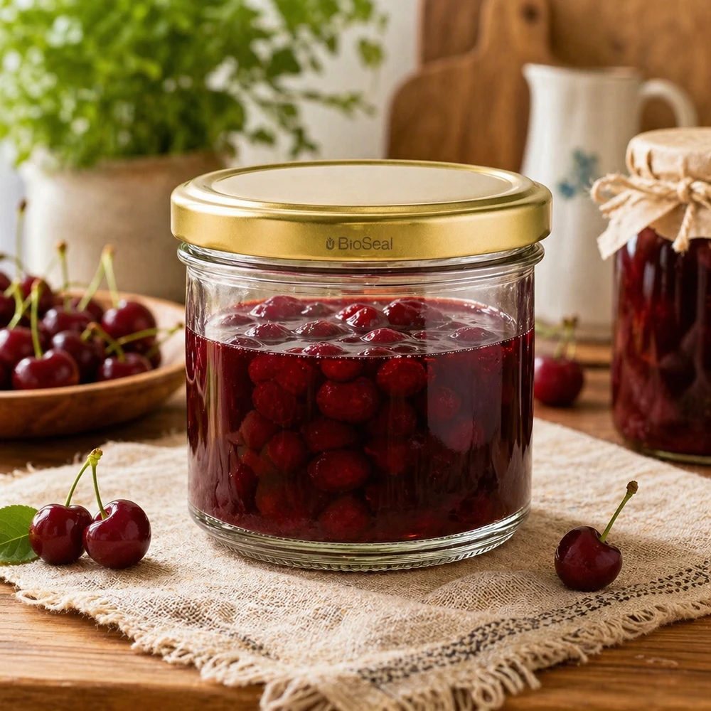 125ml Verre conique avec couvercle BioSeal or UNiTWIST UNiTWIST Pot renversé 125ml avec confiture de cerises - couvercle TO66 BioSeal doré dans une cuisine rustique avec des cerises fraîches