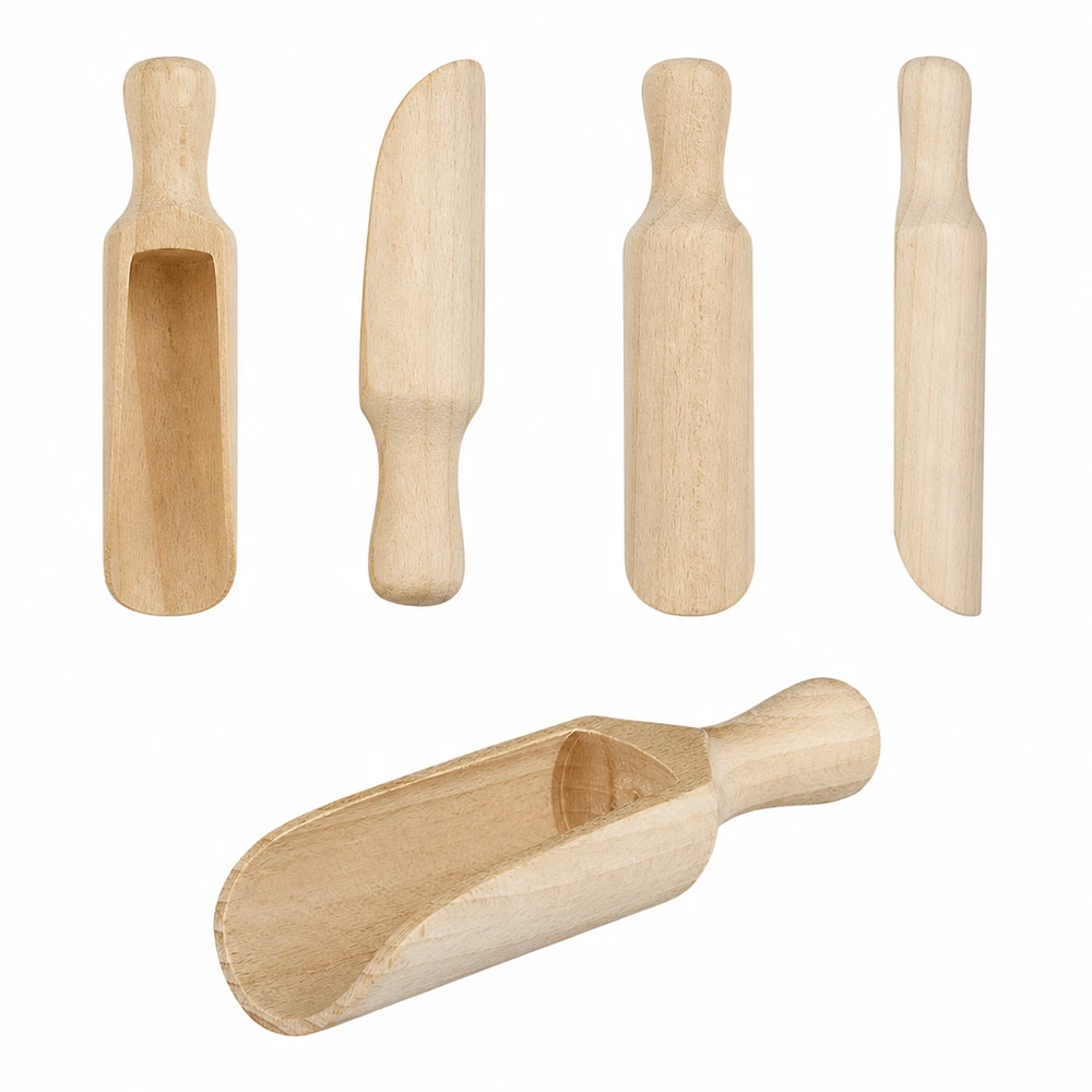 Comparaison des pelles en bois de différentes tailles et formes en bois naturel avec une pelle demi-ronde de 14 cm